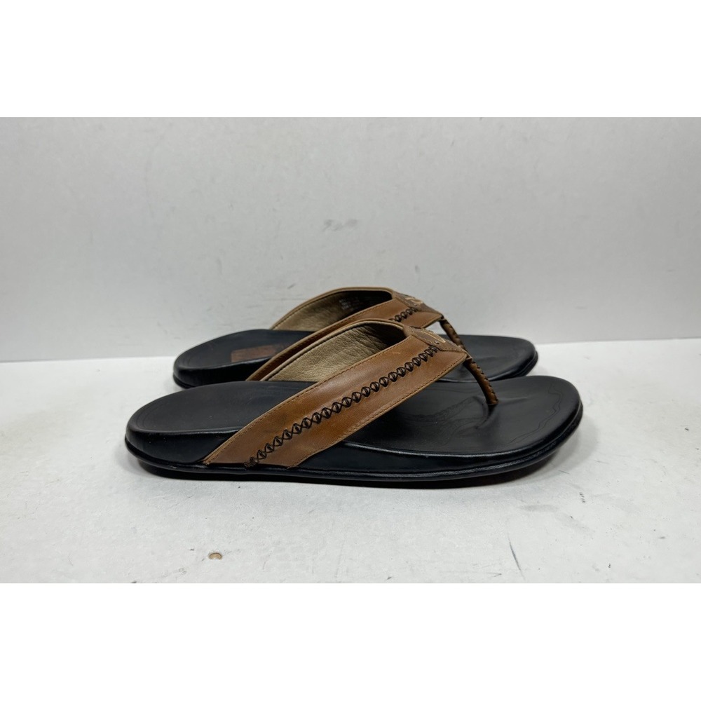 OluKai Mea Ola Men's Size 9 Leather Thong Sandals Black Slip-On Flip Flop